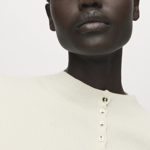 Mango XL Ivory Fine Knit Ribbed Mock Neck Mini Button Front Wool Blend Cardigan - Picture 5 of 16